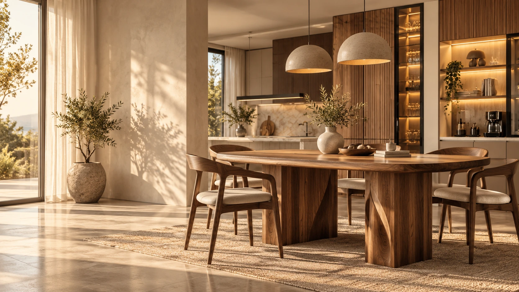Ahşap görünümlü oval yemek masası, sandalyeler ve aydınlatmalı mutfak. Konsept model.